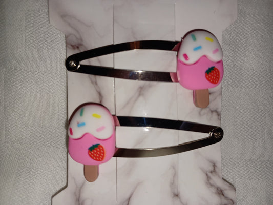 Strawberry lolly hair clip pair - silver