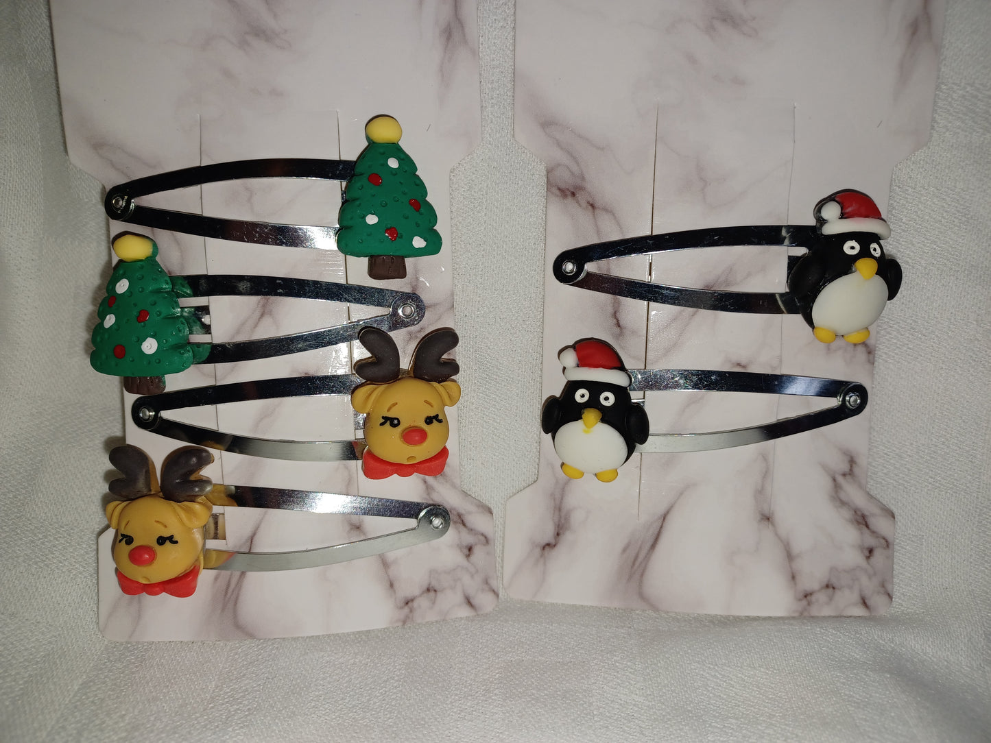 Christmas trio hair clip set - reindeer, penguin and tree.