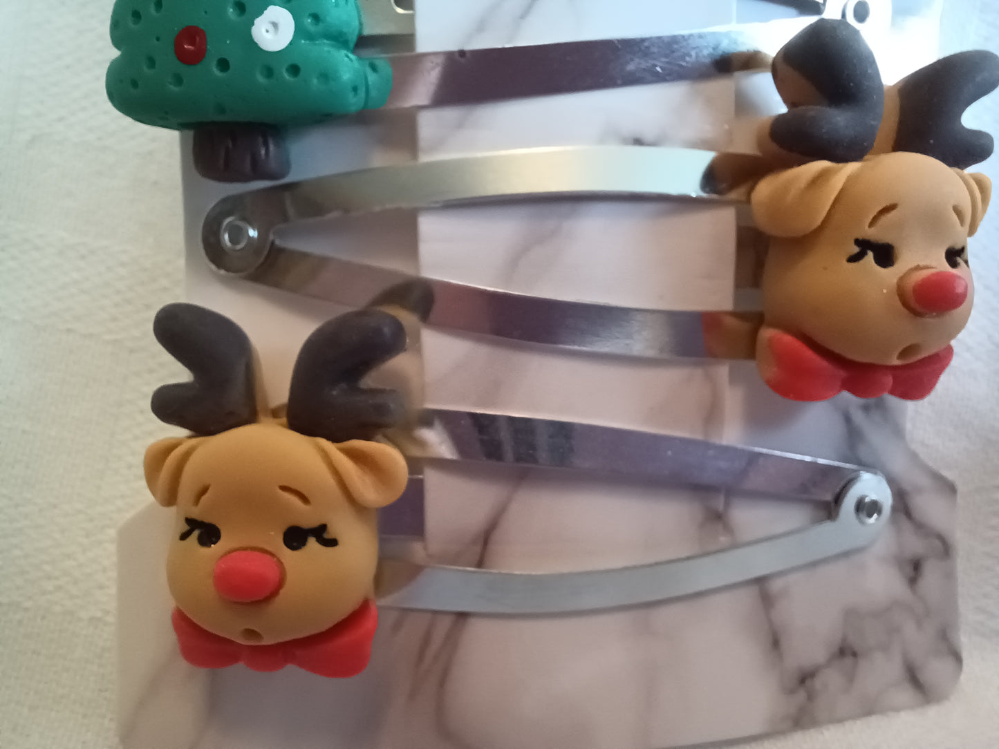 Christmas trio hair clip set - reindeer, penguin and tree.