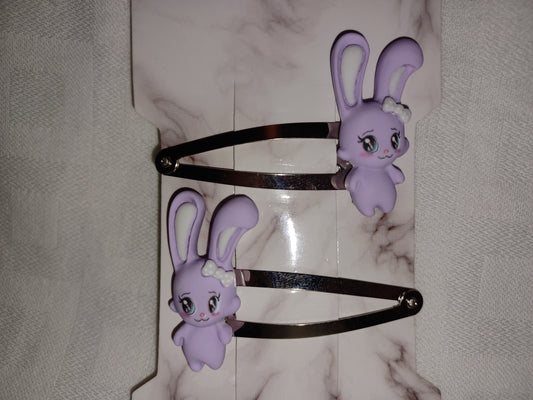 Lilac bunny hair clip set - silver