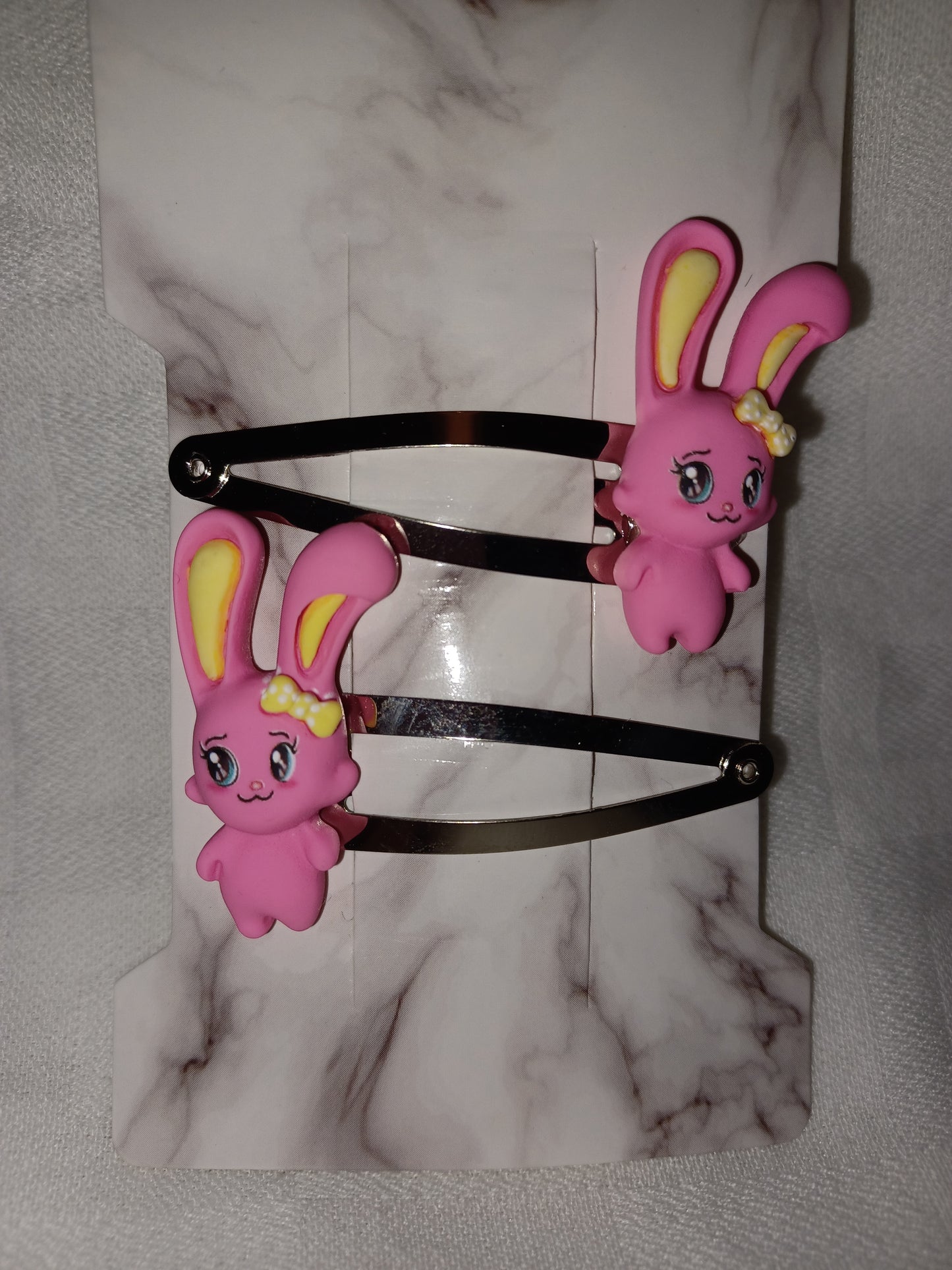 Bright pink bunny hair clip set - silver