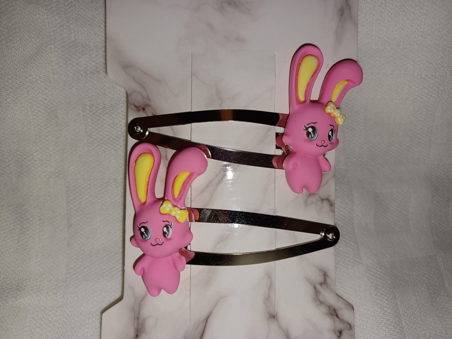 Bright pink bunny hair clip set - silver