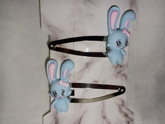 Blue bunny hair clip set - silver