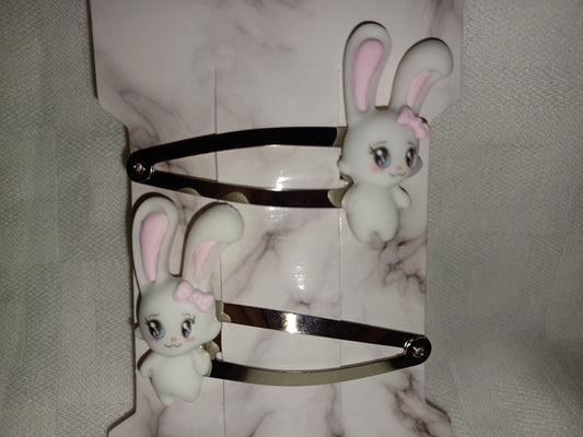 White bunny hair clip set - silver